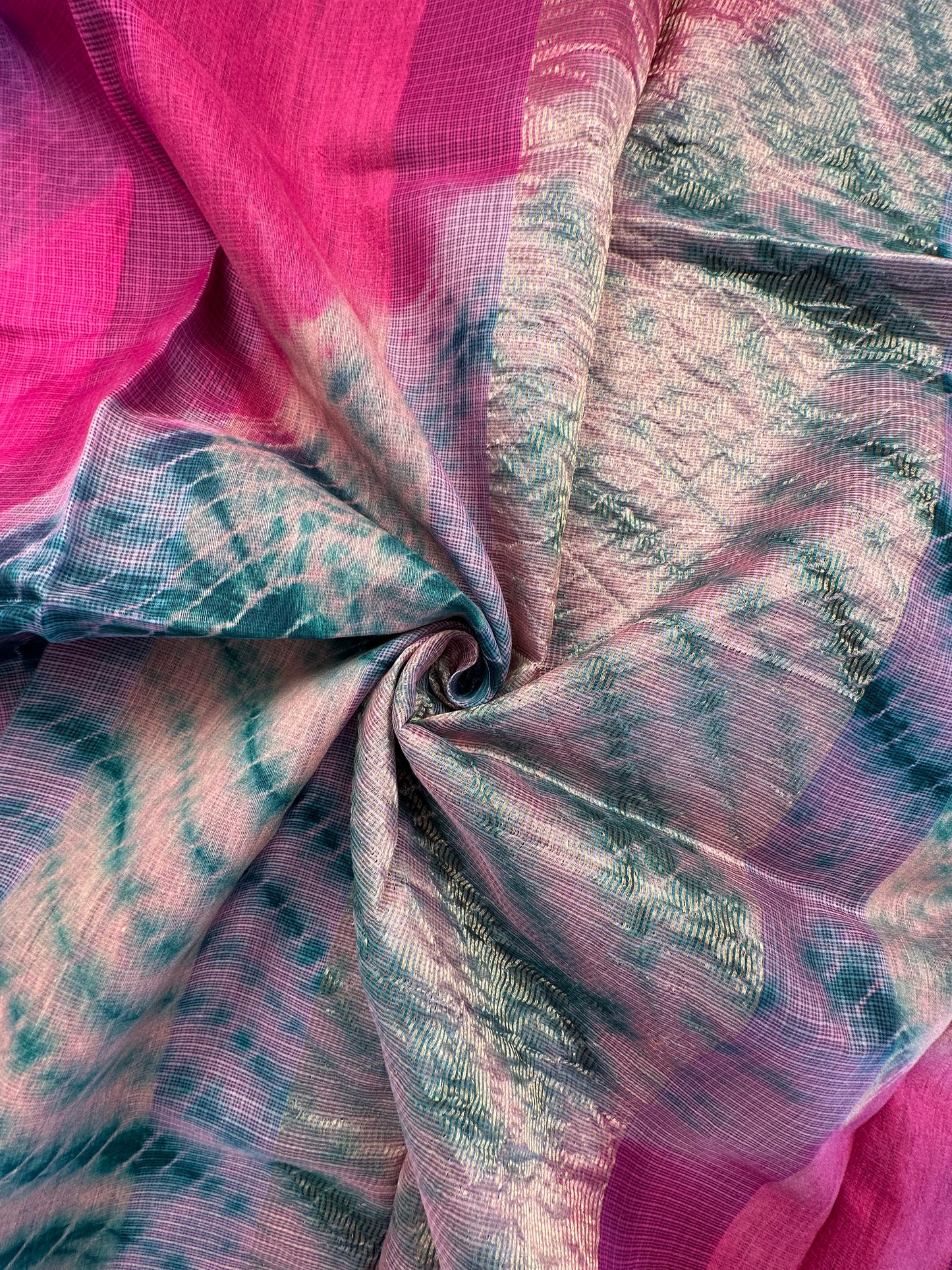 Rani Pink -Rama Green Shibori Kota Doria Pure Silk Saree