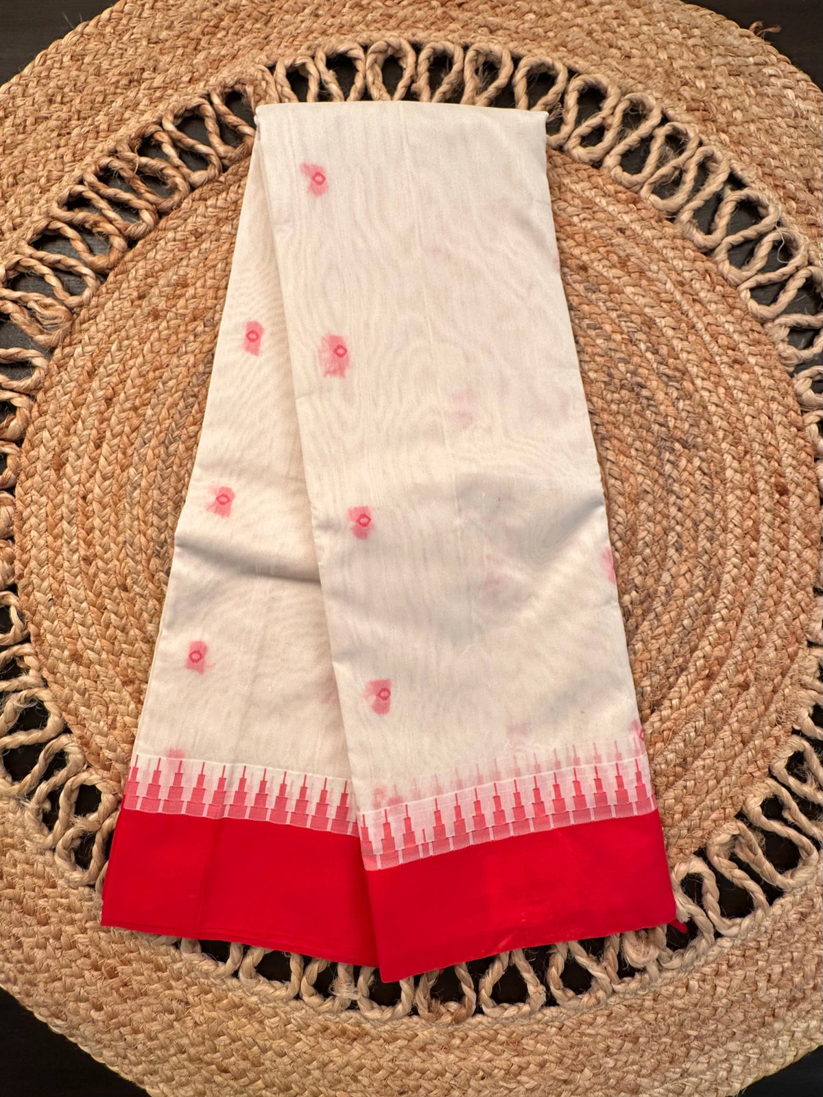 Off White-Red Doodh Aalta Cotton Saree