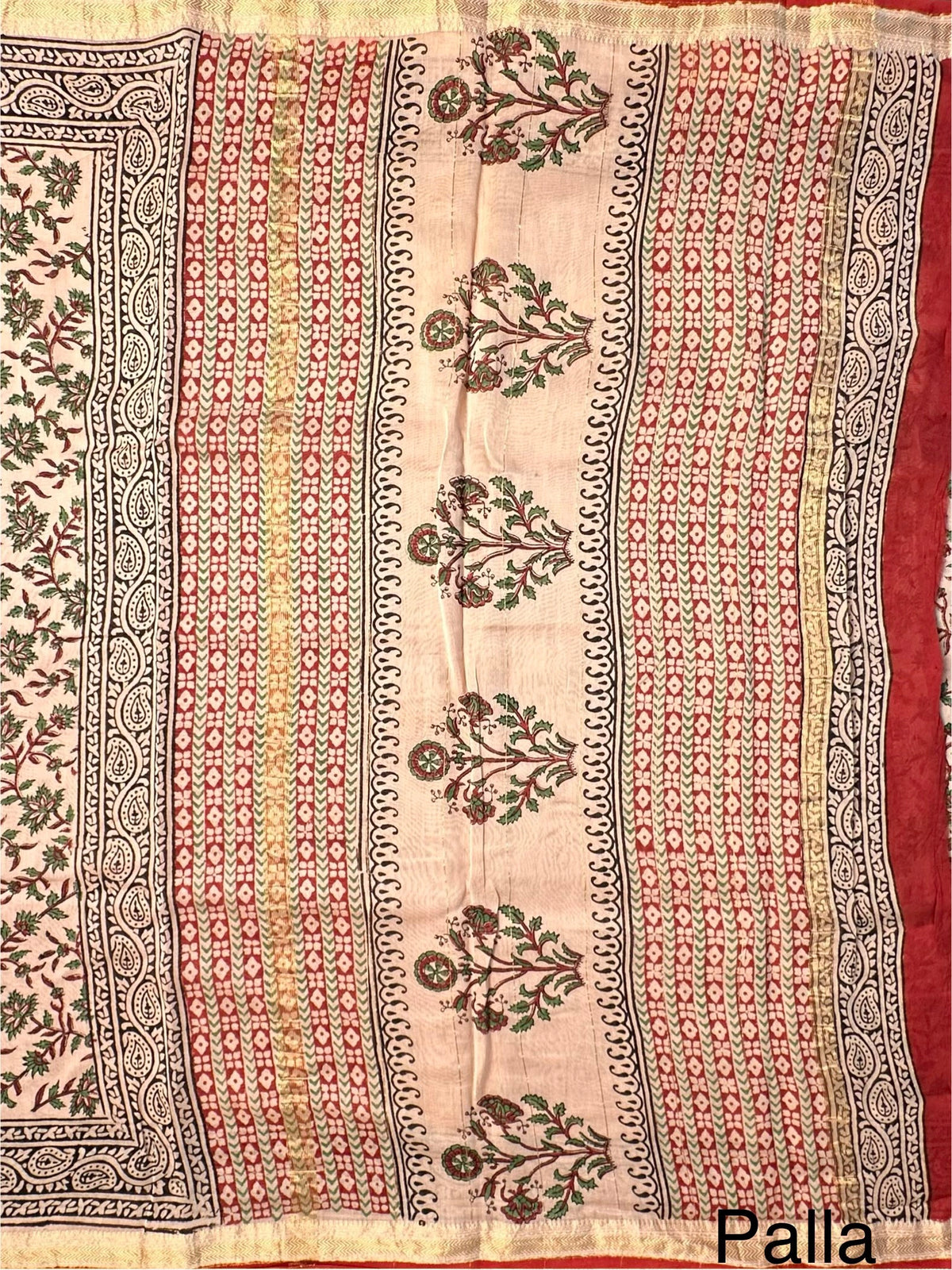Beige-Maroon Chanderi Saree with Hand Block Print