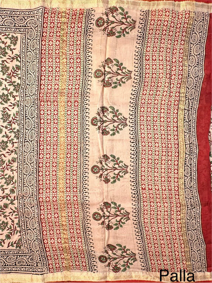 Beige-Maroon Chanderi Saree with Hand Block Print