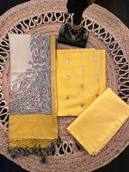 Yellow Chanderi 3-Piece Unstitched Suit with Madhubani Dupatta