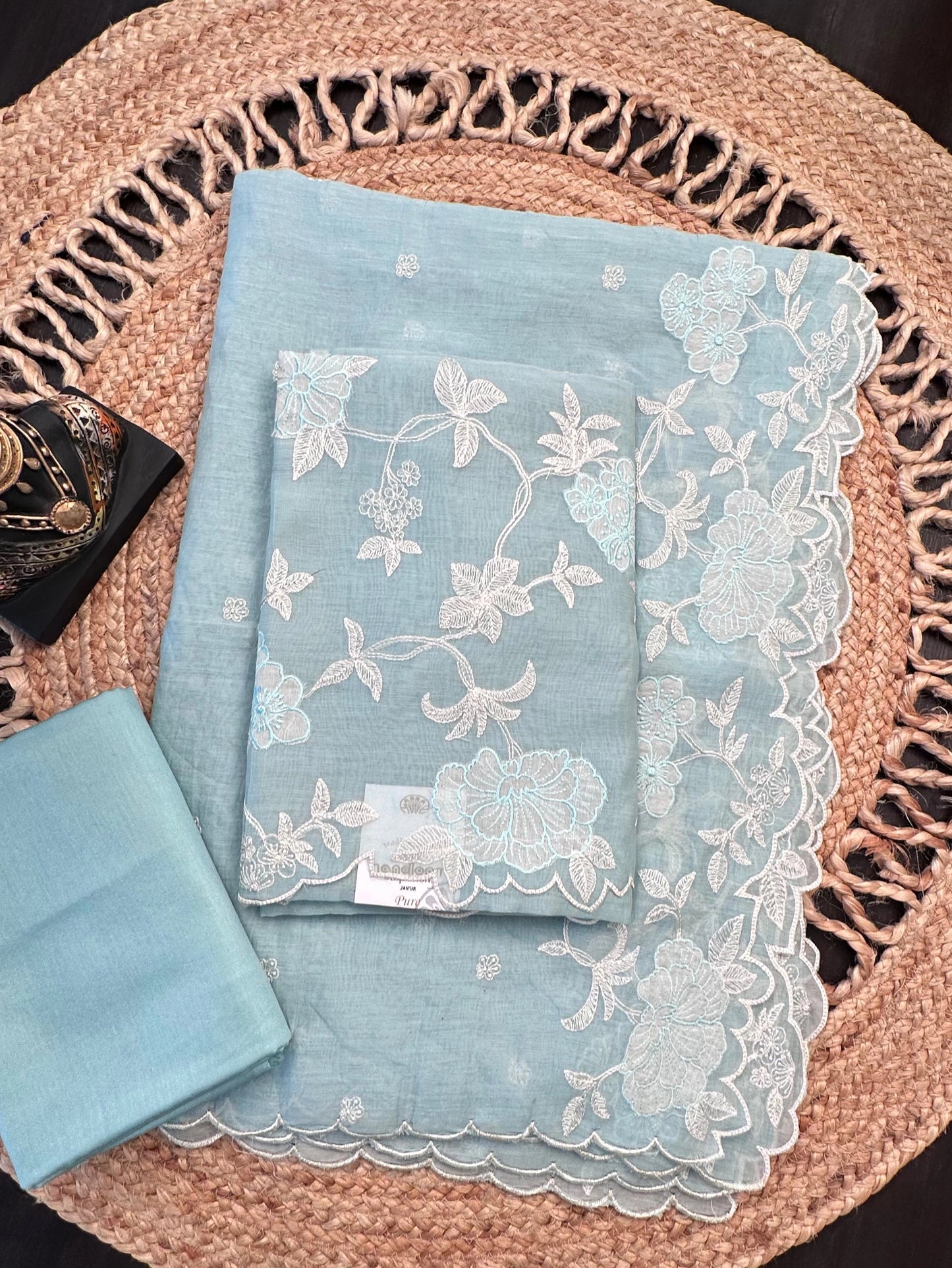 Sky Blue Cotton Chanderi 3-Piece Unstitched Suit