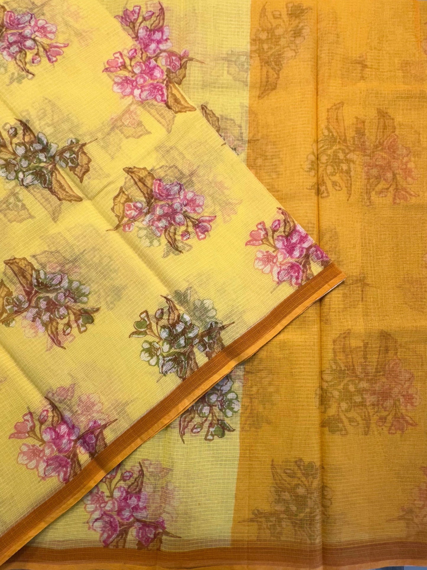 Yellow Floral Print Kota Doria Cotton Saree