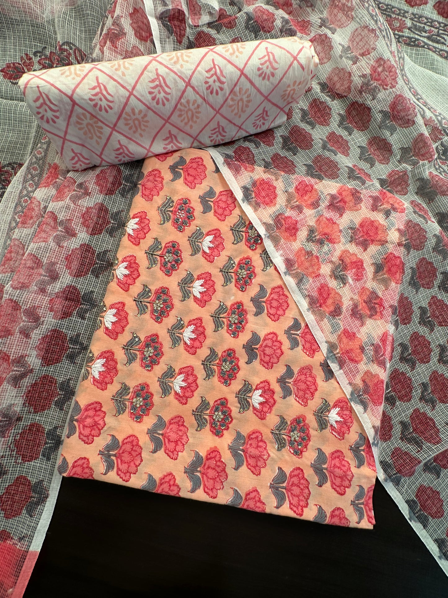 Peach Block Printed Pure Cotton Suit