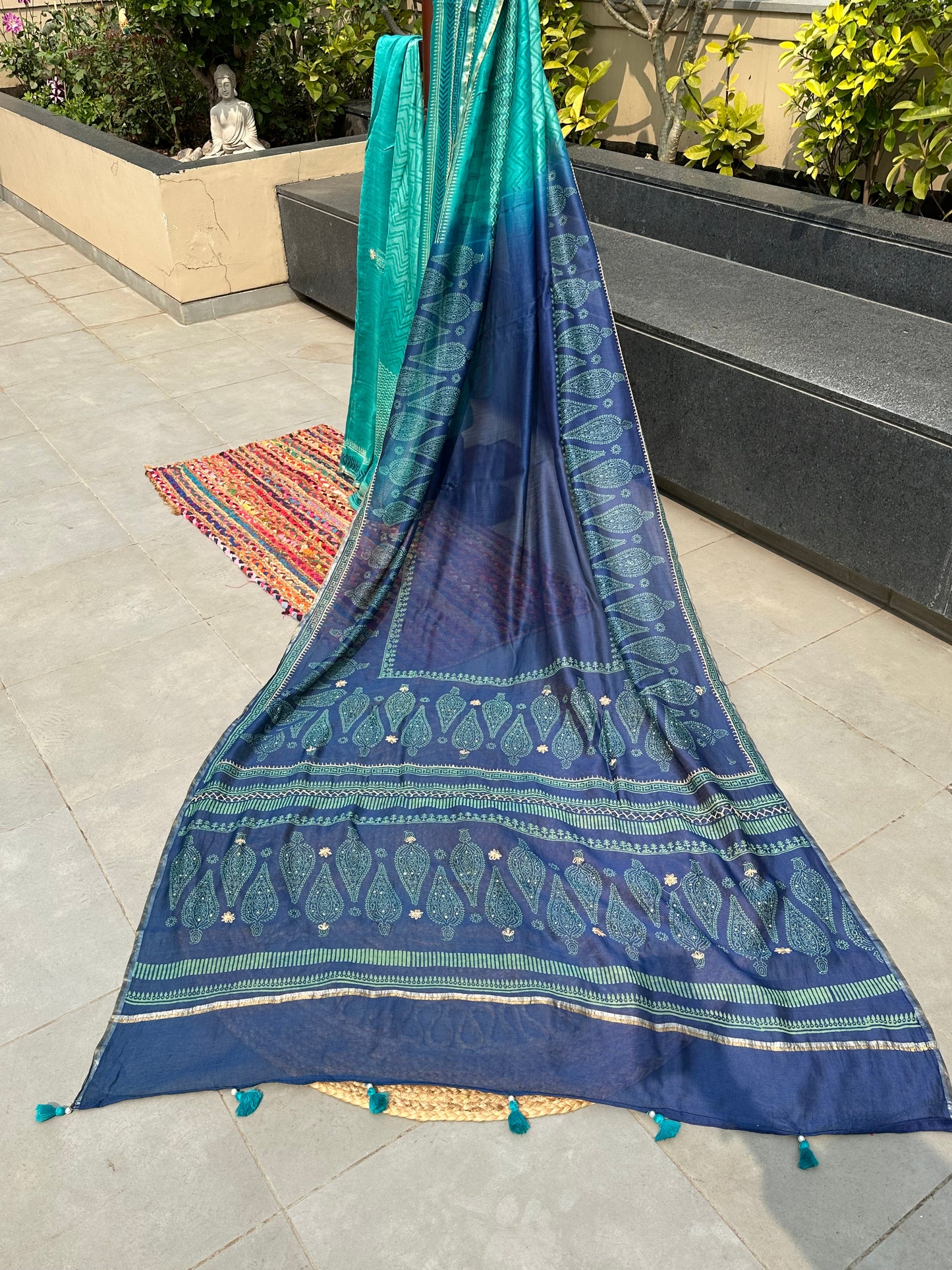 Blue-Sea Green Block Print Chanderi Saree With Kaantha Stitch