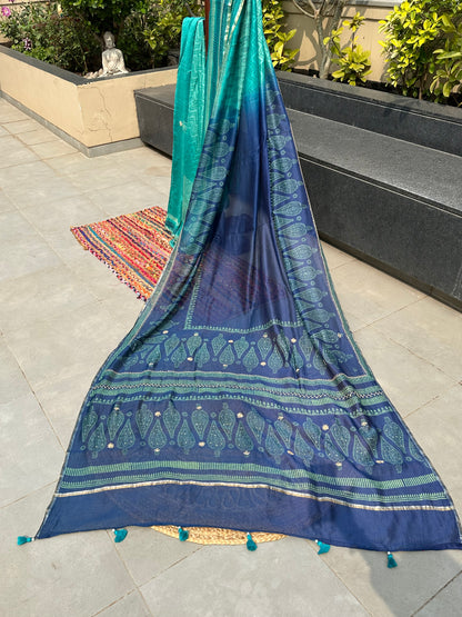 Blue-Sea Green Block Print Chanderi Saree With Kaantha Stitch