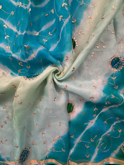 Firozi -Green Kota Doria Pure Silk Saree With Gota Patti Work