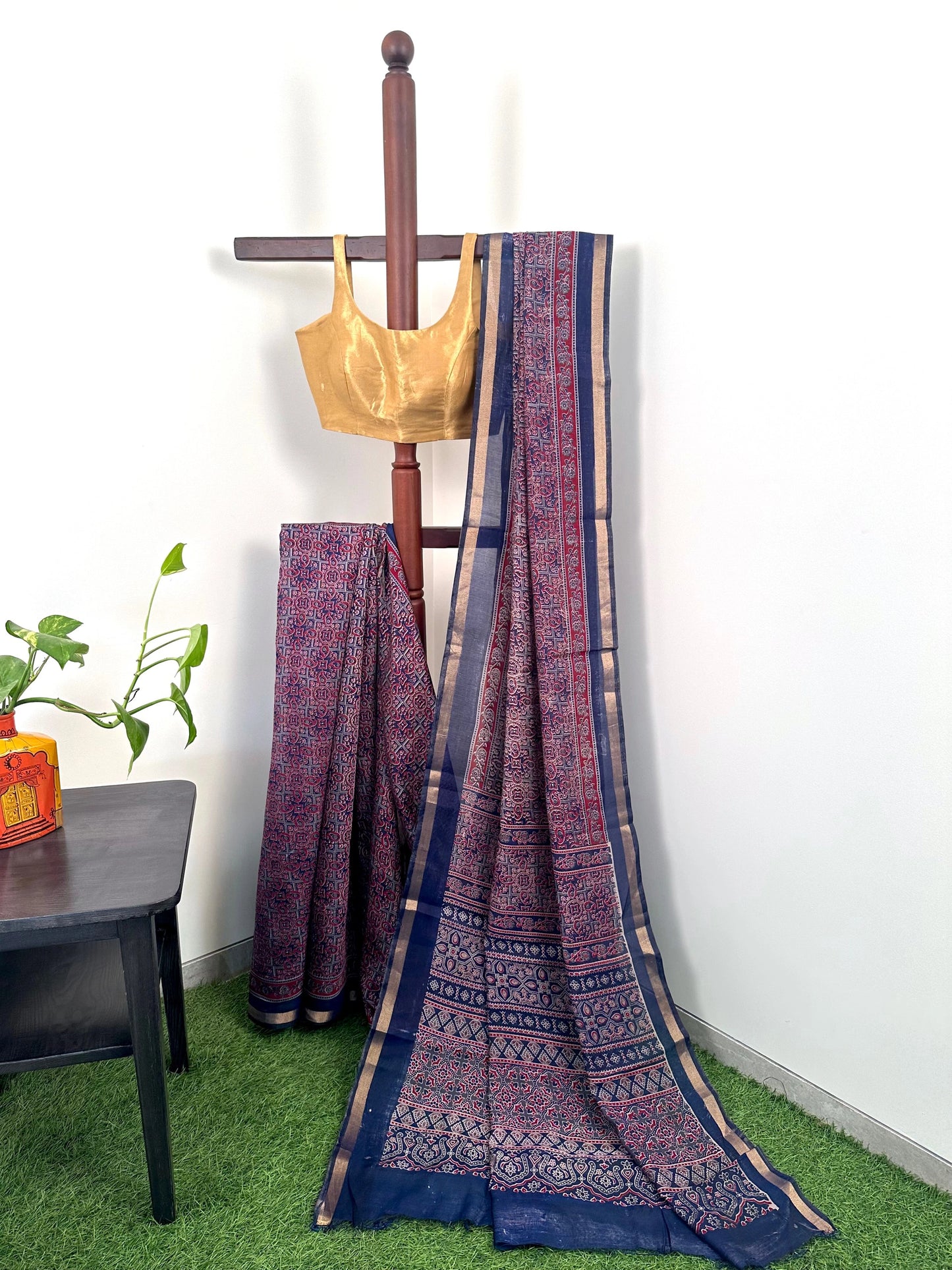 Navy Blue Ajrakh Print Cotton Blend Saree