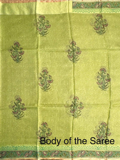 Green Hand Block-Print Pure Kota Doria Silk Saree