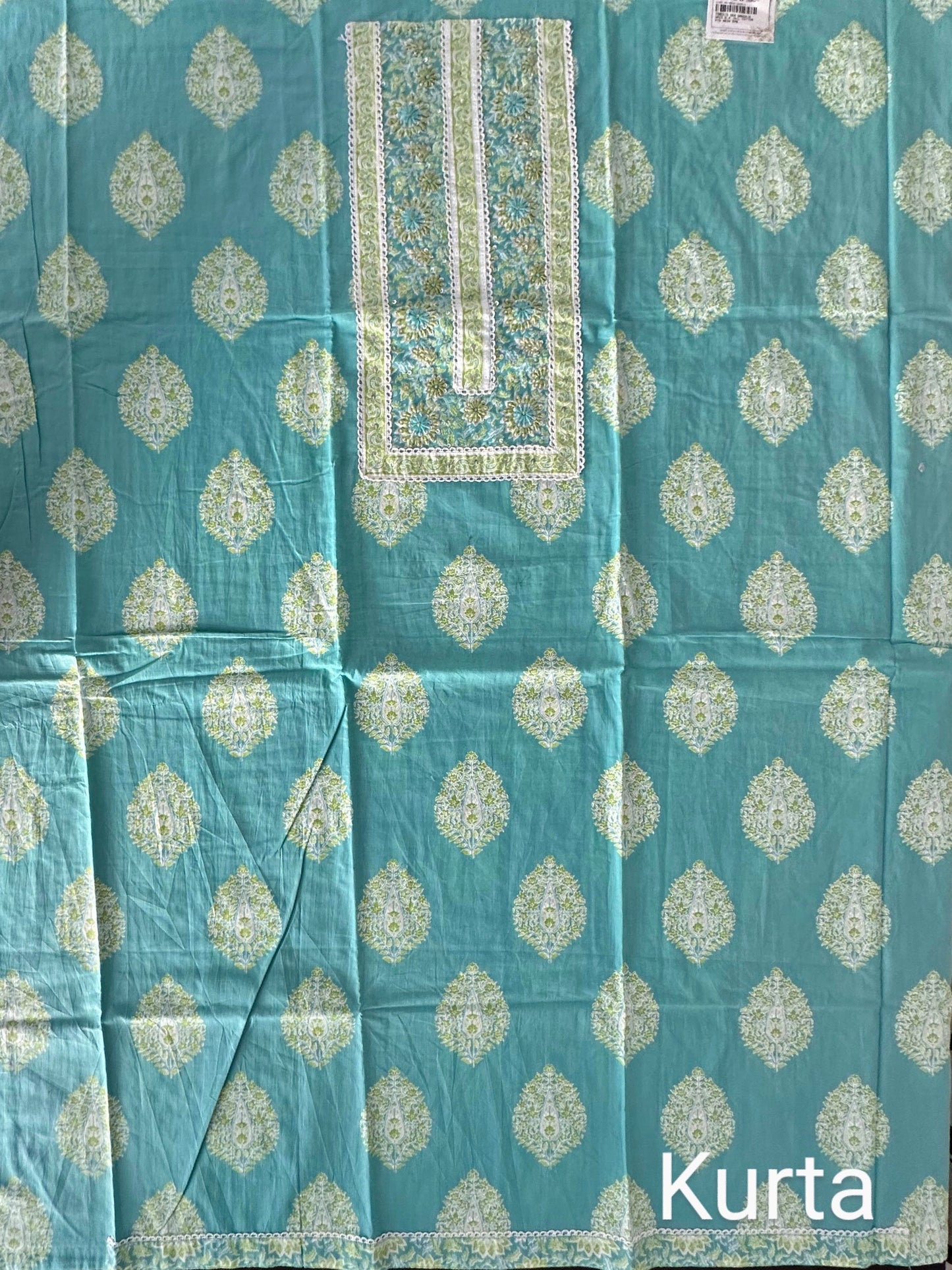 Sea Green Jaipuri Neck Work Cotton 3- Piece Suit