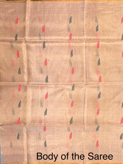 Golden-Pinkish Red Pure Tissue Silk Saree
