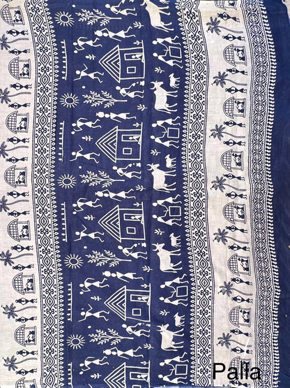 Navy Blue Warli Print Pure Cotton Saree