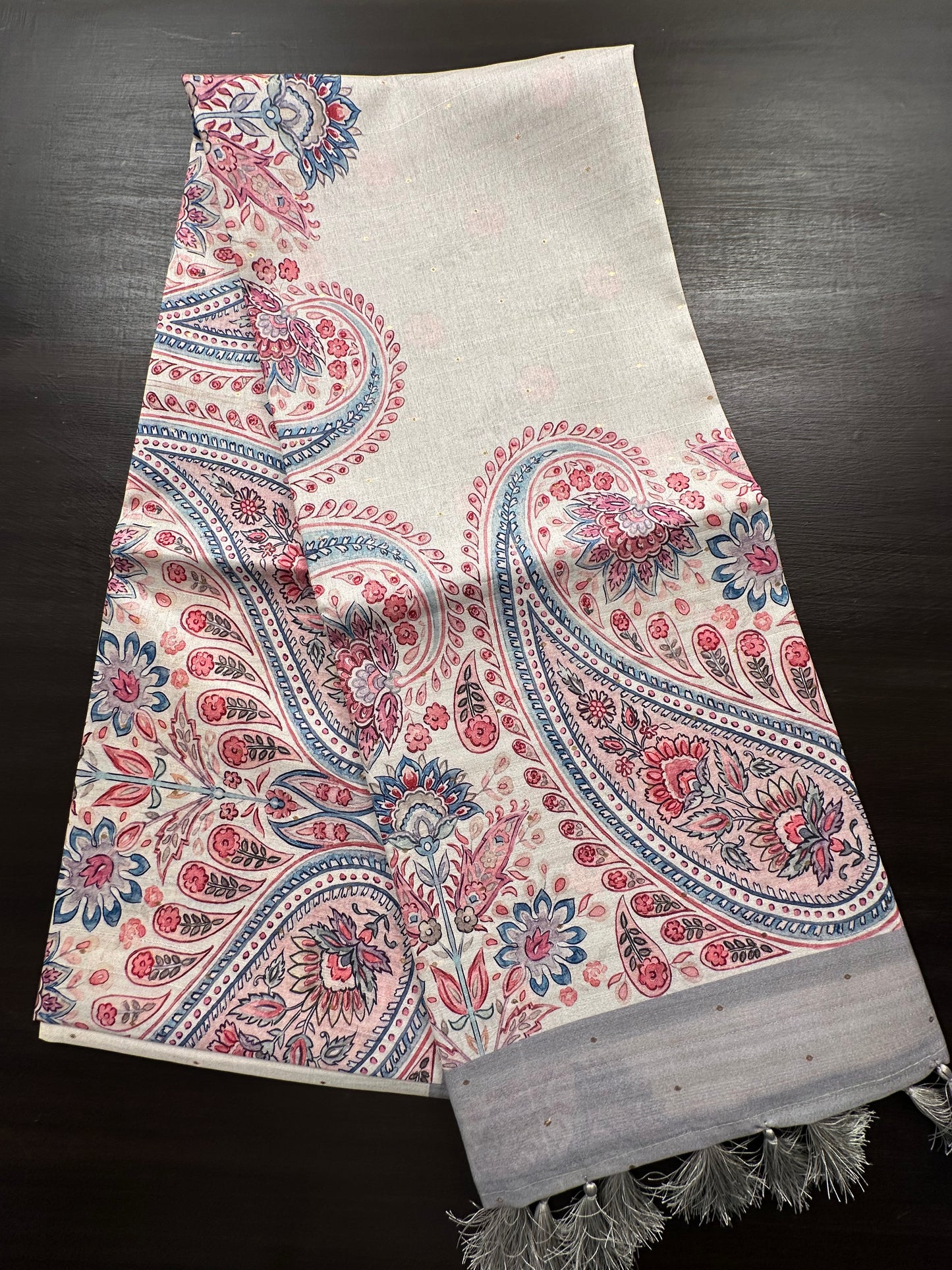 Off White-Grey Printed Art Silk Saree