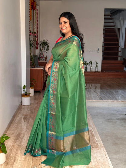 Green Checkered Fancy Cotton Saree