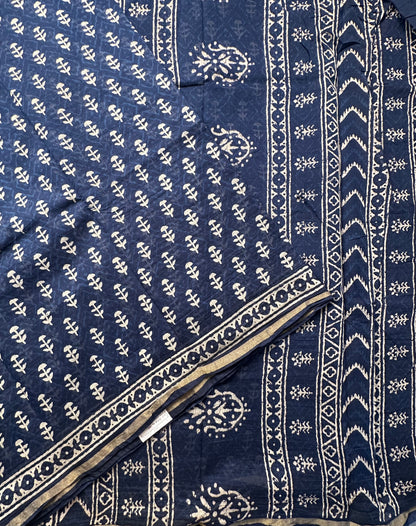 Indigo Blue Printed Cotton Blend Saree