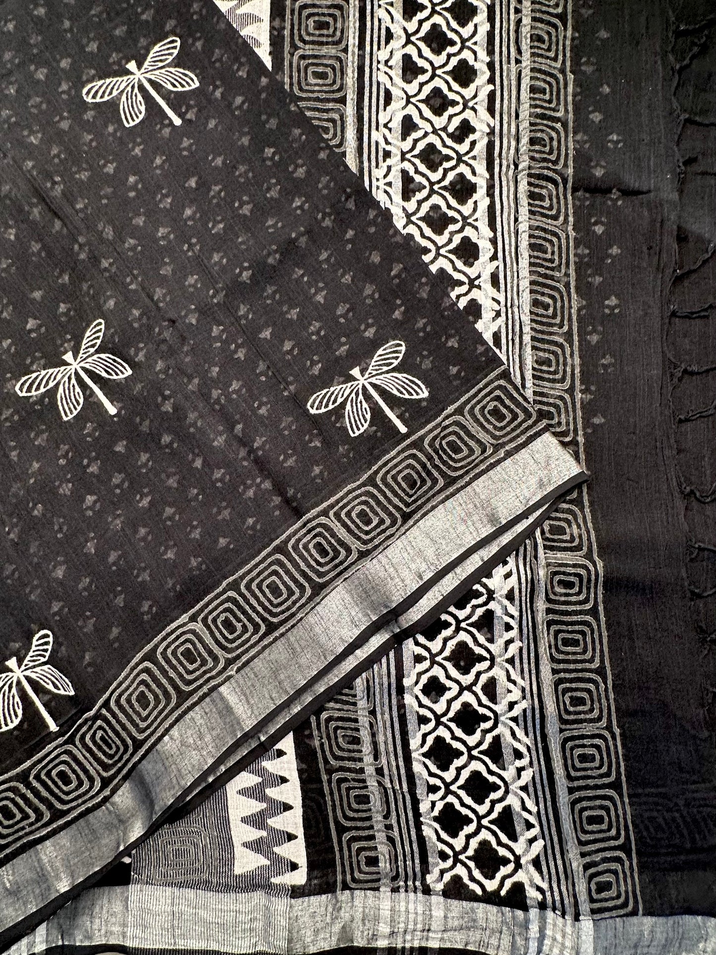 Black Printed Linen Saree