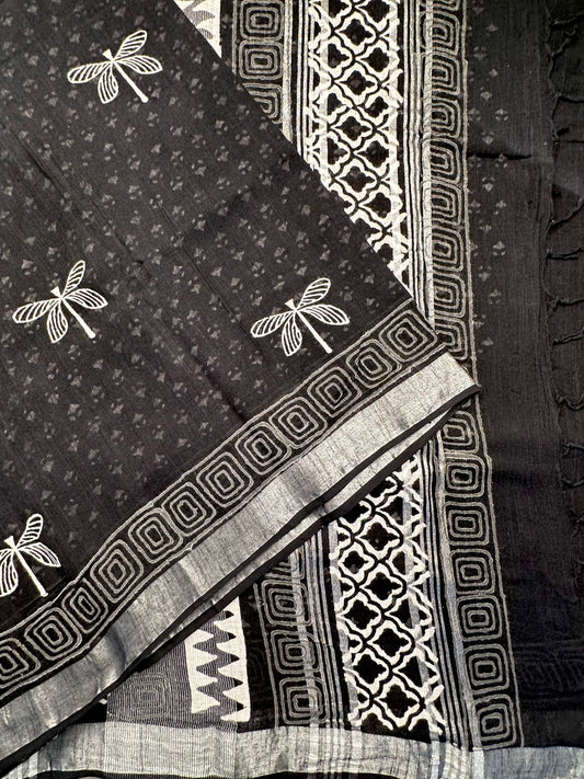 Black Hand Block Printed Linen Saree