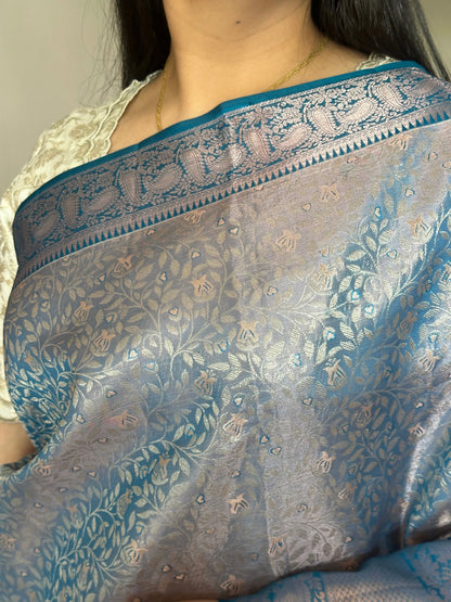 Blue Handloom  Jamawar Pure Tissue Silk Saree