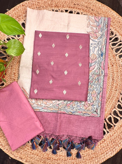 Dusky Pink Chanderi 3-Piece Unstitched Suit with Madhubani Dupatta