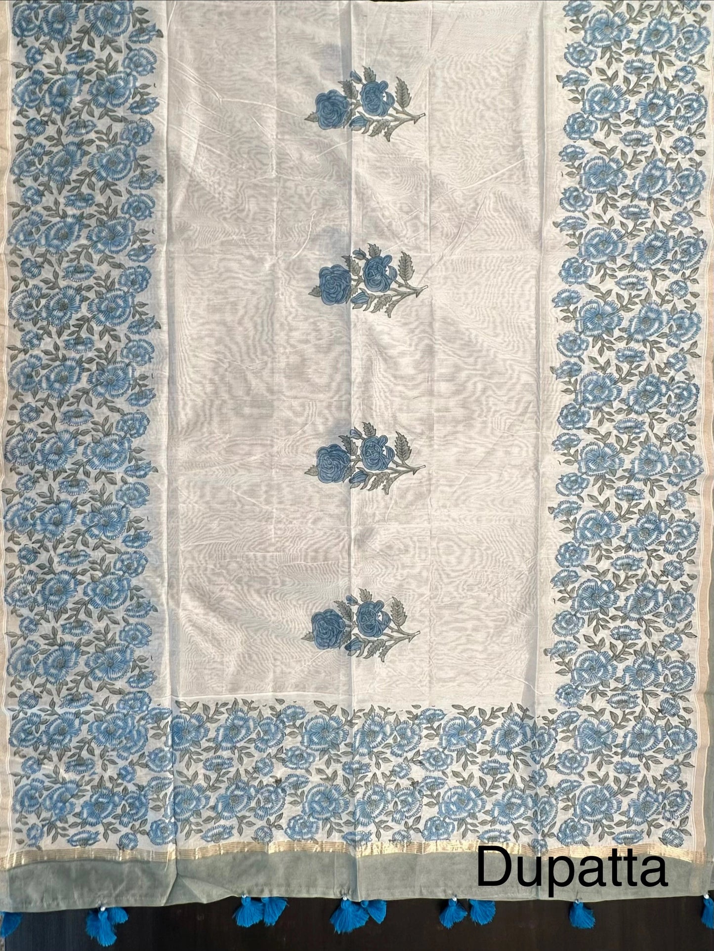 Off White- Blue Hand Block Printed Chanderi 3-Piece Unstitched Suit with Aari Work