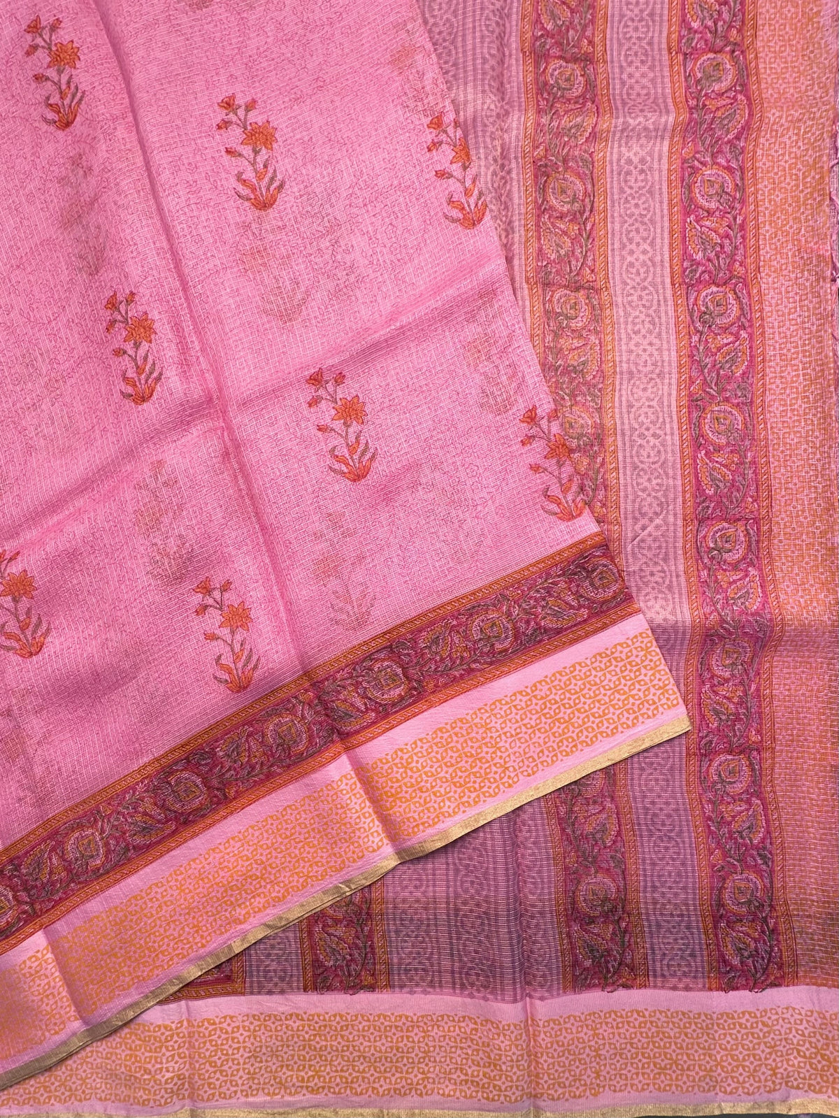 Pink Hand Block-Print Pure Kota Doria Silk Saree