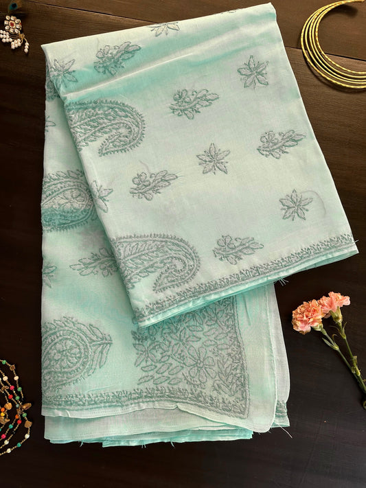 Sea Green Chikankari Cotton Saree