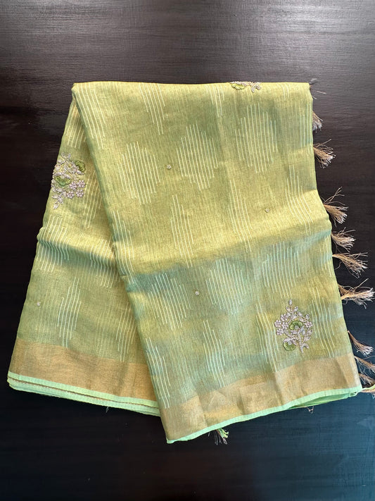 Parrot Green Fancy Linen Tissue Saree with Handwork