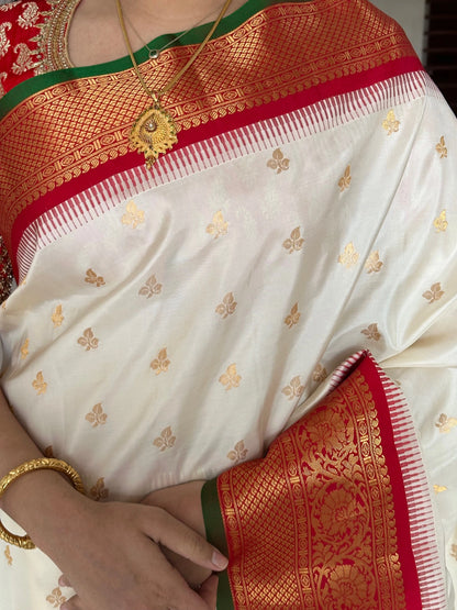 Off-White Red Gadwal Pure Silk Saree