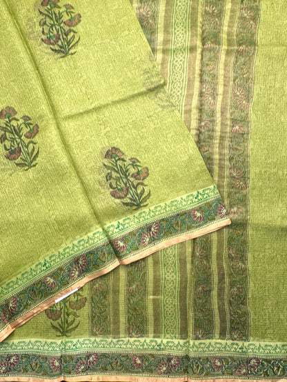 Green Hand Block-Print Pure Kota Doria Silk Saree