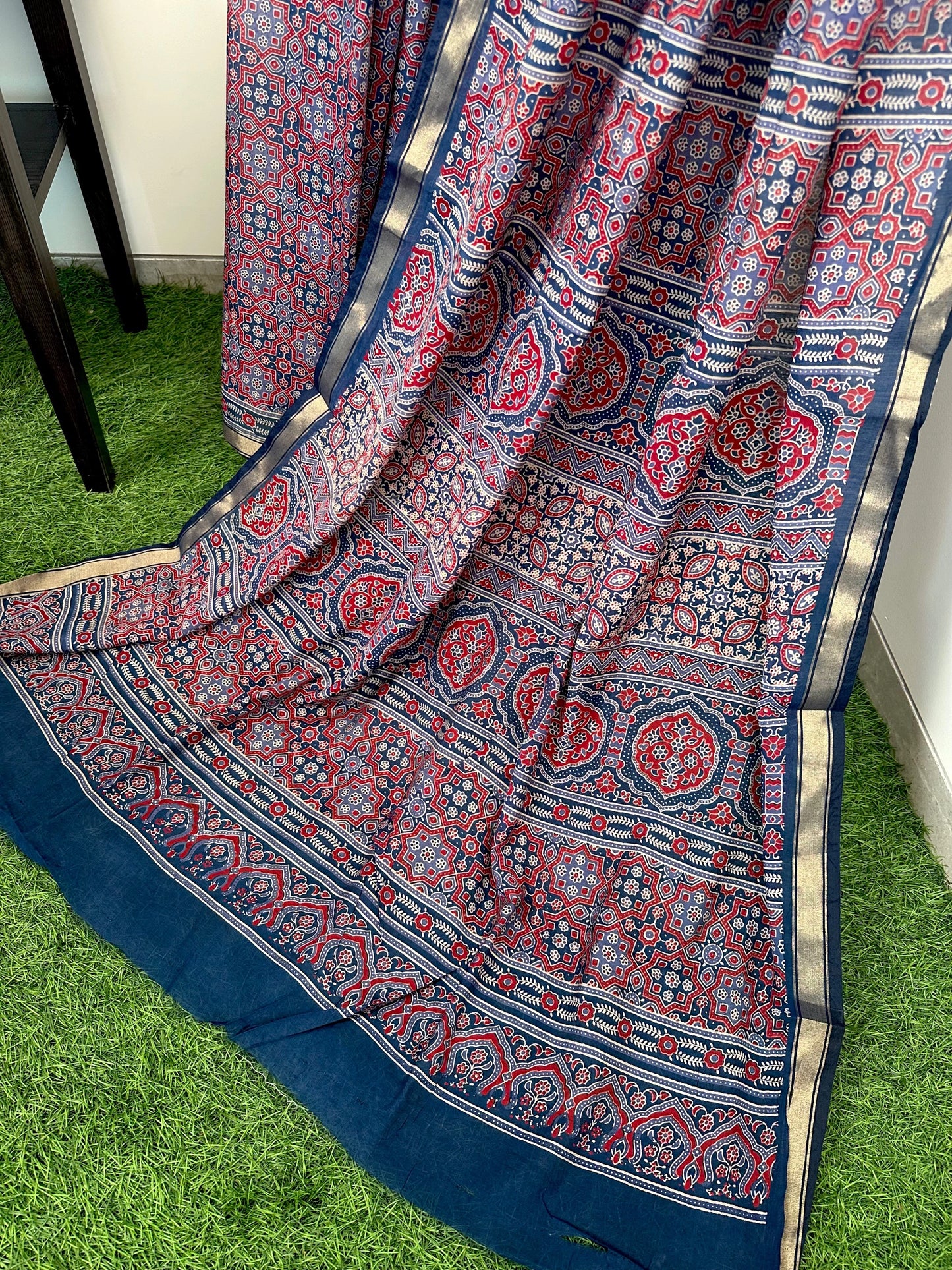 Navy Blue Ajrakh Print Cotton Blend Saree