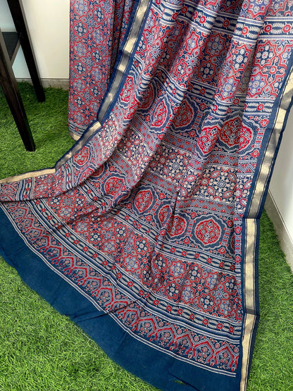 Navy Blue Ajrakh Print Cotton Blend Saree