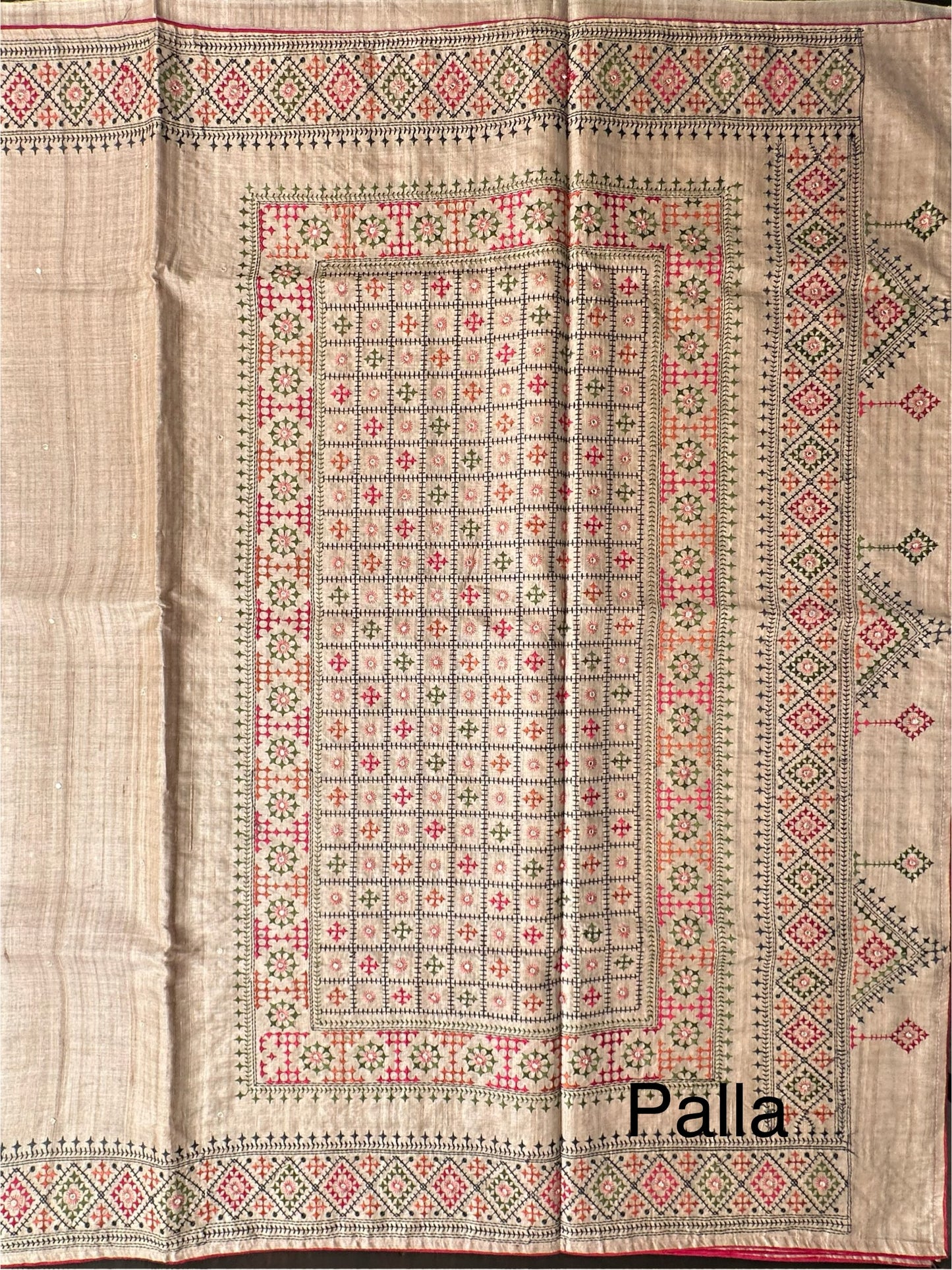 Beige Pure Tussar Silk Saree With Embroidery