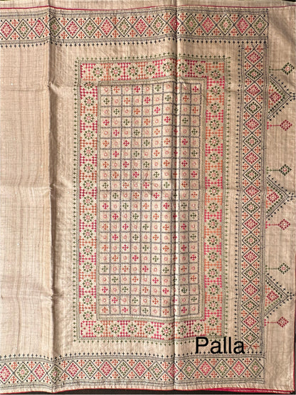 Beige Pure Tussar Silk Saree With Embroidery