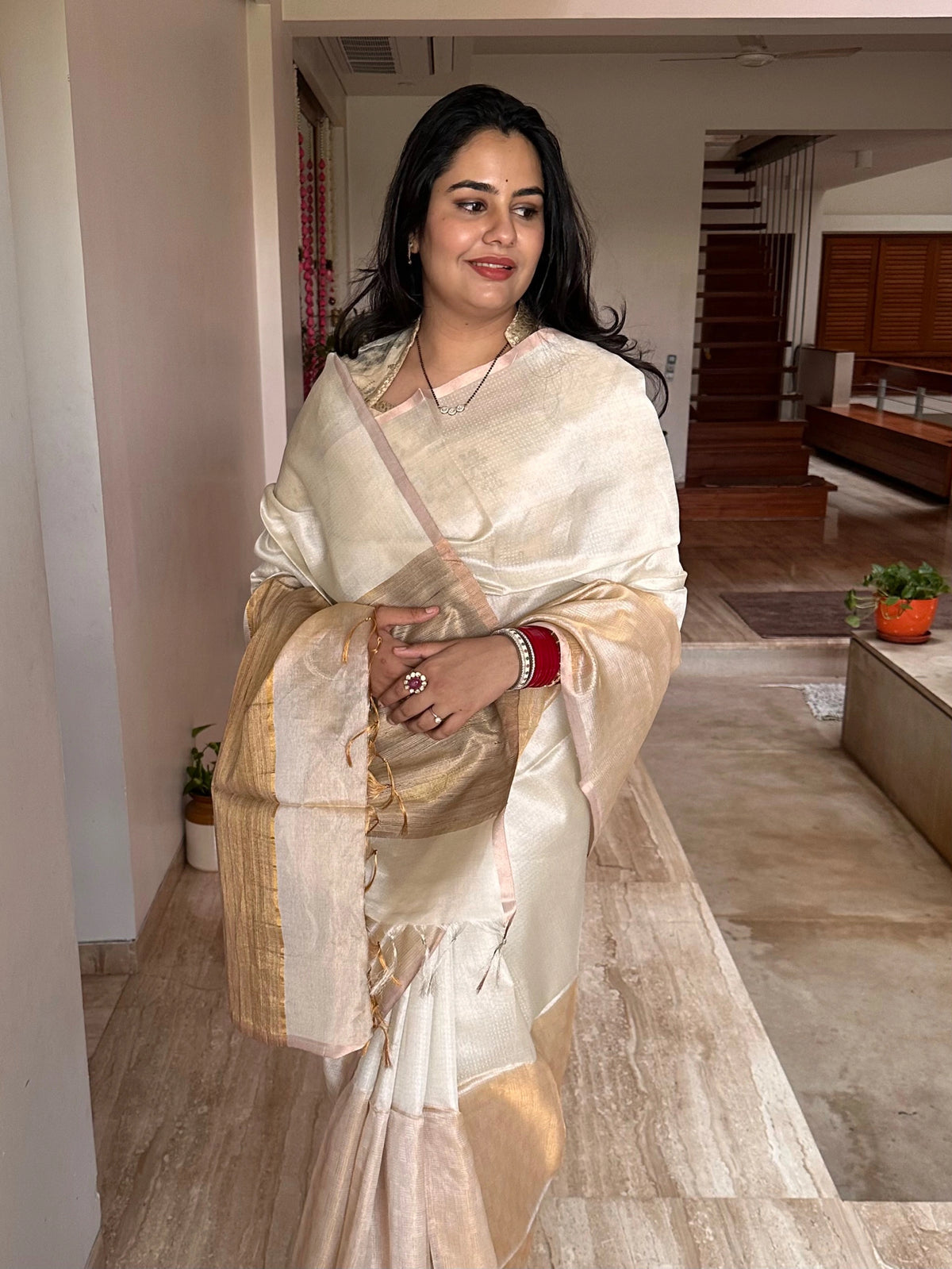 Off White-Golden Emboss Tissue Silk Saree
