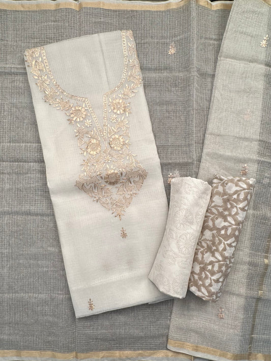 Off White-Grey 4-Piece Kota Doria Cotton Unstitched Suit