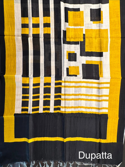 Mustard-Black Printed Chanderi 3-Piece Unstitched Suit