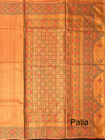 Mustard Pure Tussar Silk Saree With Embroidery