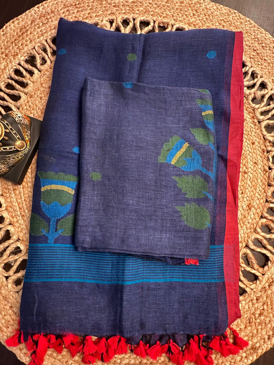 Navy Blue Linen Dhakai 2 Piece Kurta Dupatta Unstitched Set