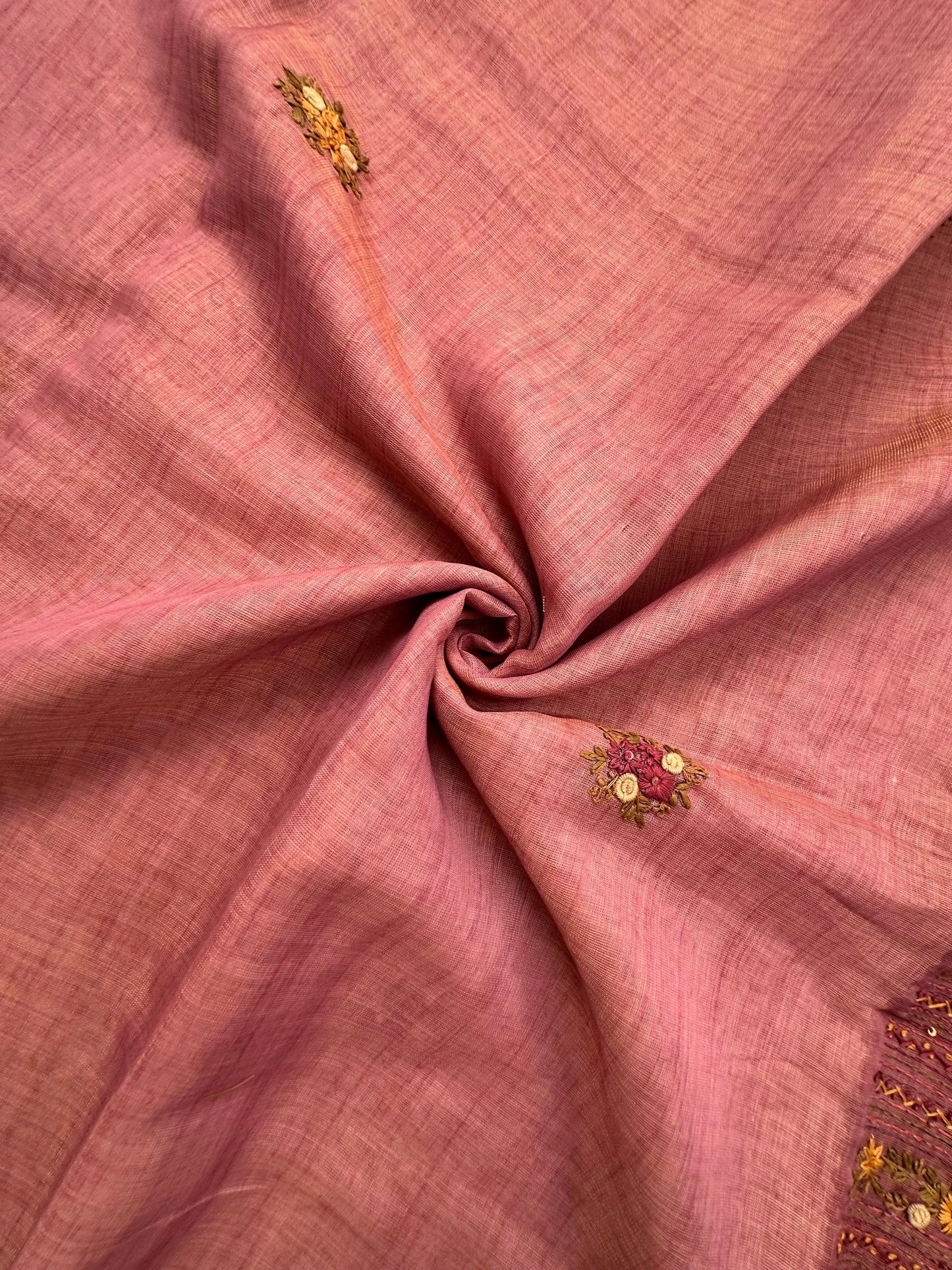 Dusky Pink Blended Cotton Saree with Hand Embroidery