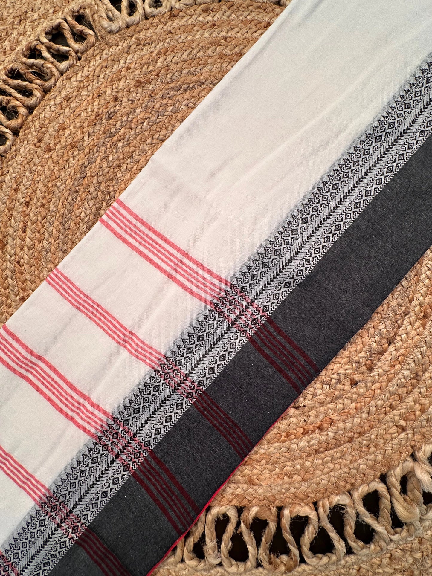 Off White-Red-Black Piku Bengal Cotton Saree