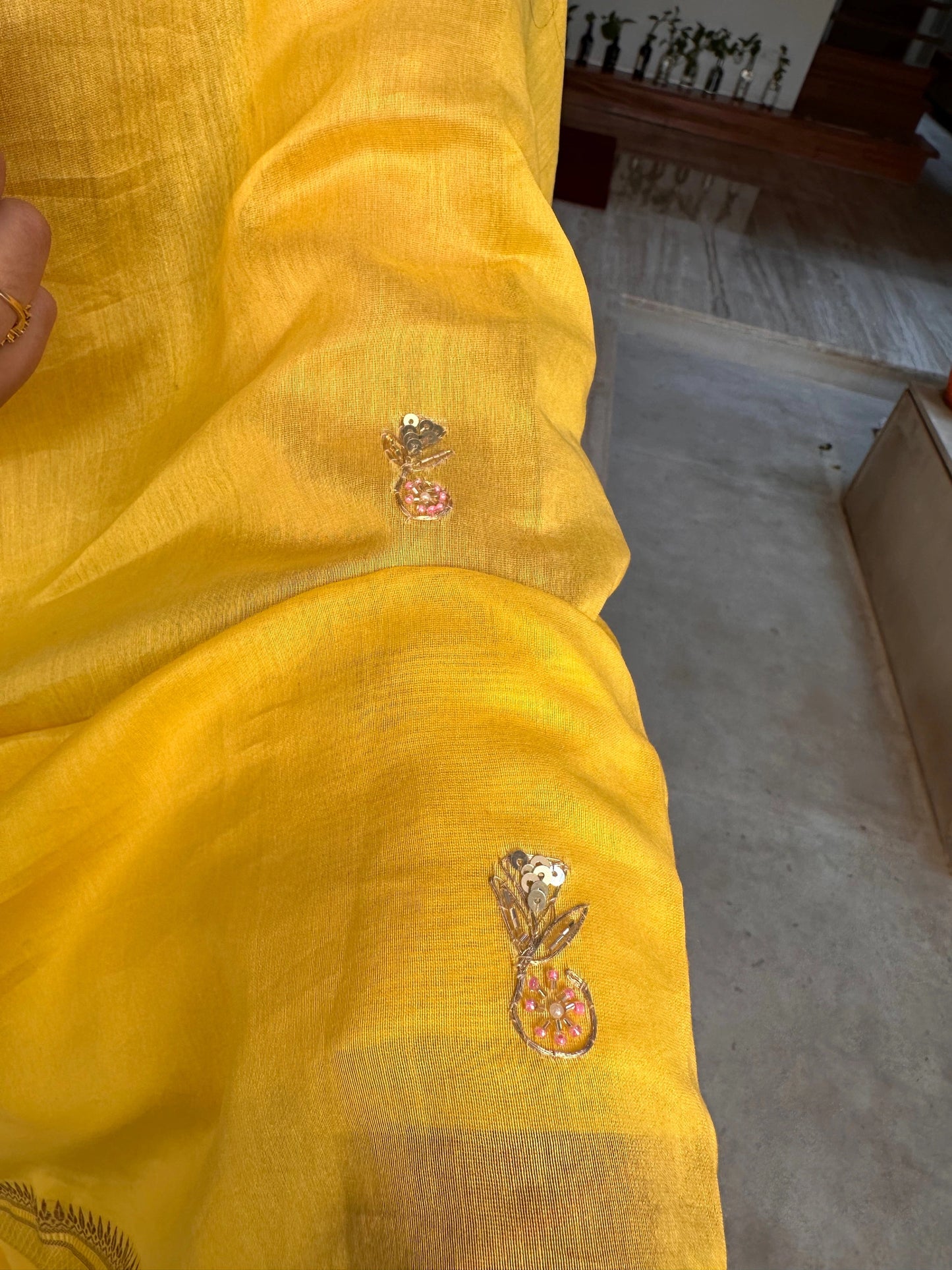 Yellow Drishti Chanderi Saree With Hand Work