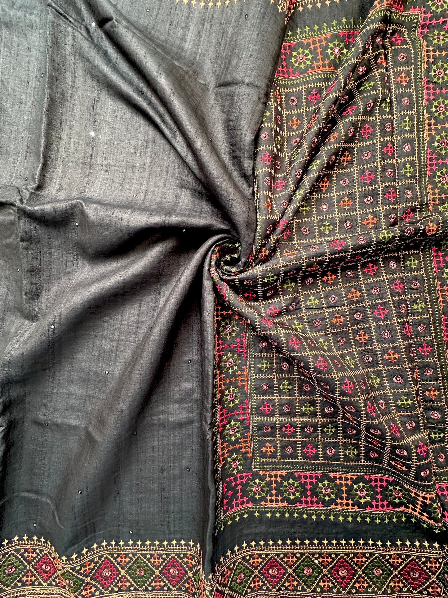 Black Pure Tussar Silk Saree With Embroidery