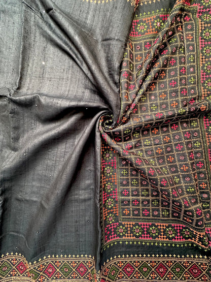 Black Pure Tussar Silk Saree With Embroidery