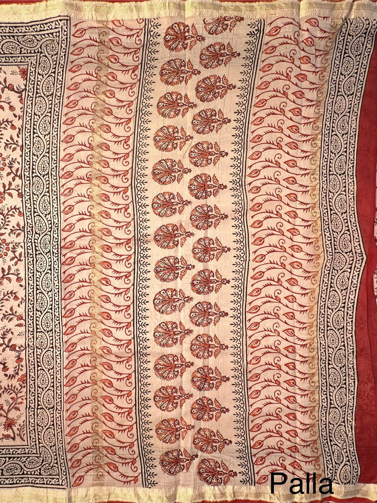 Beige-Red Chanderi Saree with Hand Block Print