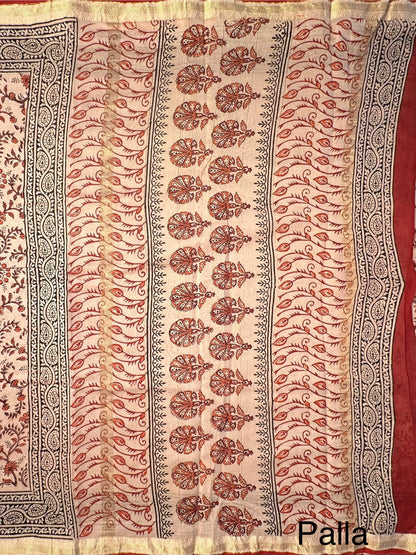 Beige-Red Chanderi Saree with Hand Block Print