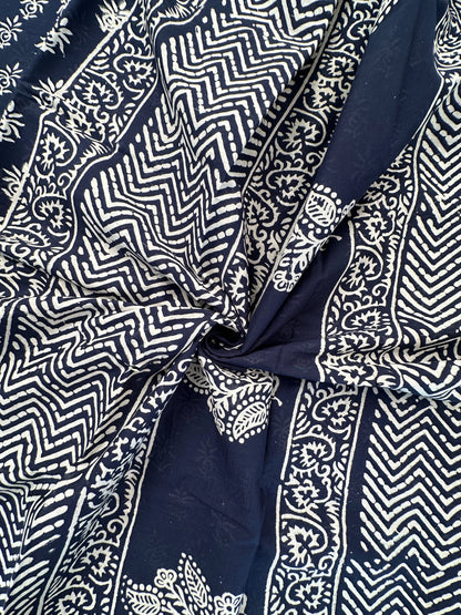 Navy Blue Bagru Hand Block Print Pure Cotton Saree