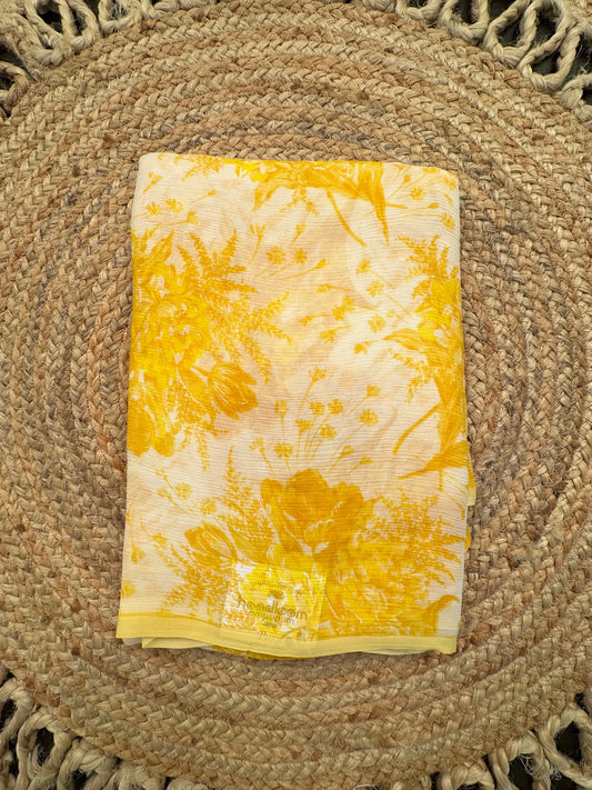 Off White-Yellow Floral Print Chiffon Saree