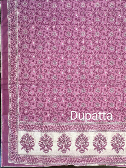 Off White-Purple  Angrakha Printed Cotton 3-Piece Suit