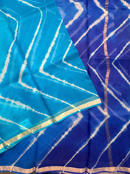 Firozi-Blue Leheriya Kota Doria Pure Silk Saree