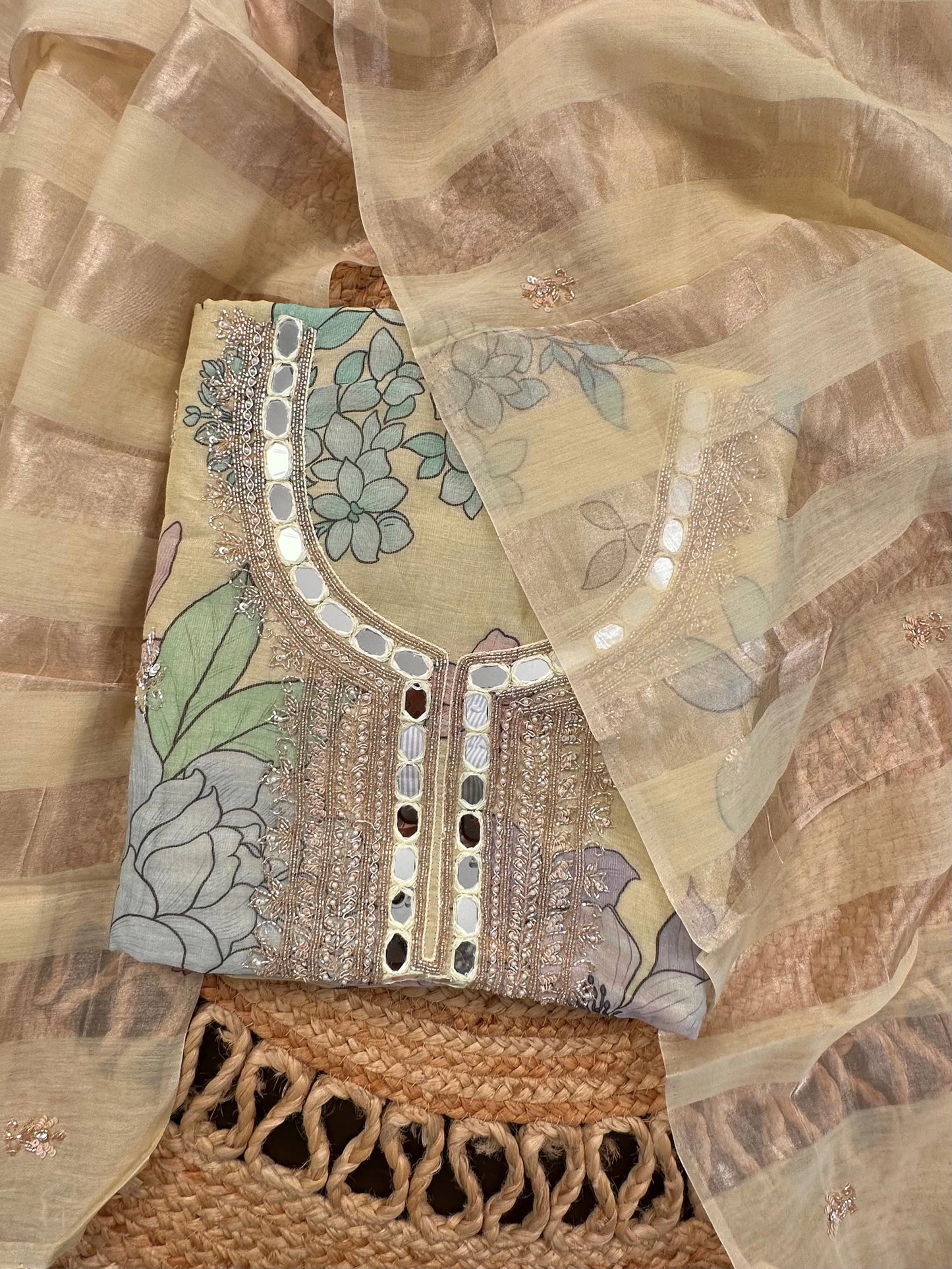 Pastel Yellow Fancy Tissue Unstitched 3-Piece Suit With Mirror Work